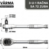GIDORA 3u1 Račna 1/2", 3/8" i 1/4" – 72 Zuba, CR-V Čelik, 200 mm gedora