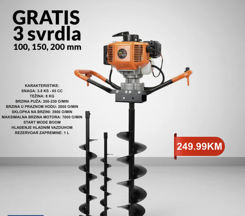 Motorni bušač rupa 3.8 KS + 3 GRATIS svrdla (10, 15 i 20 cm)